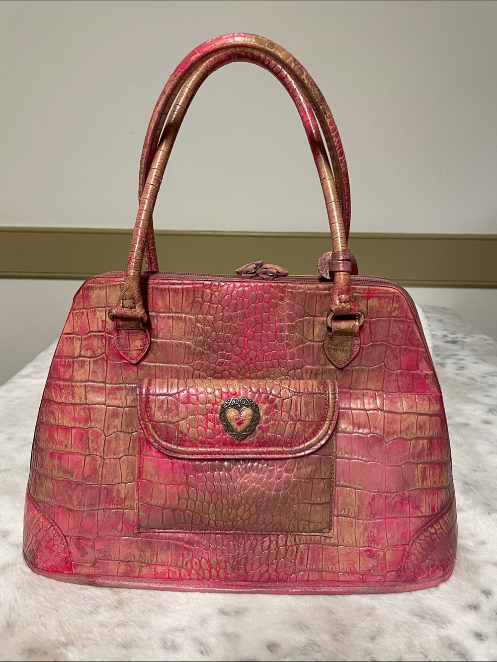 Brighton Brahmin-Style Pink Croc Embossed Satchel